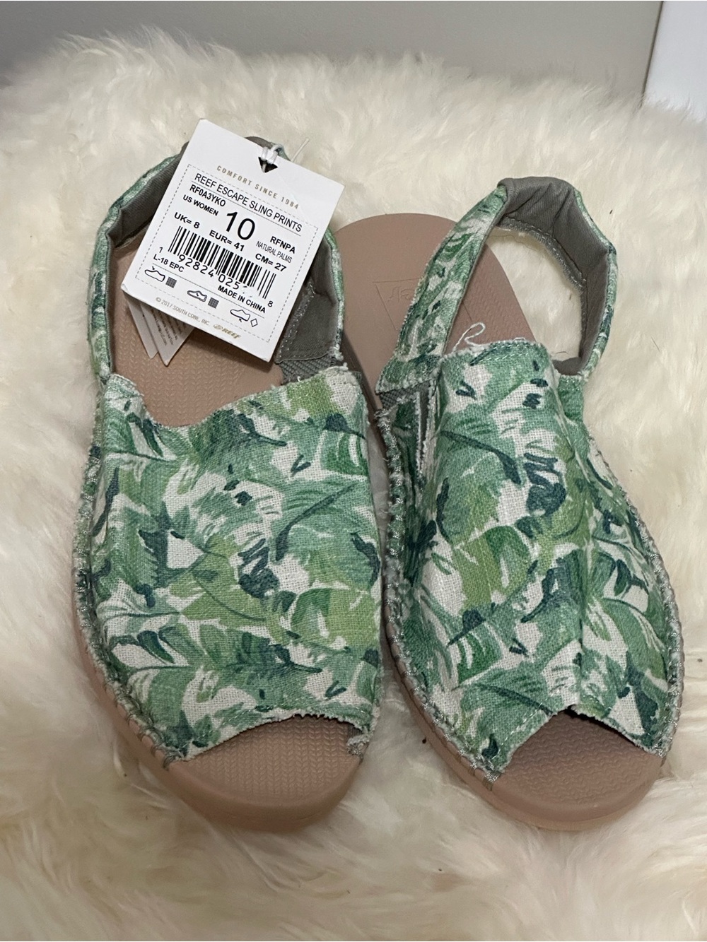 Reef Escape Sling Prints Women Size 10 Natural Palms Beach Sandals New